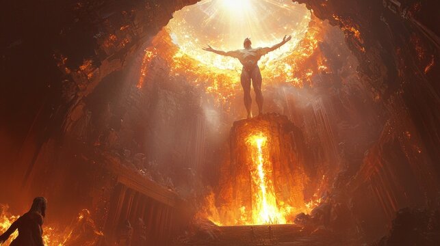 Prometheus' Creation: Mythical Scene of Man's Birth in Divine Light and Flames