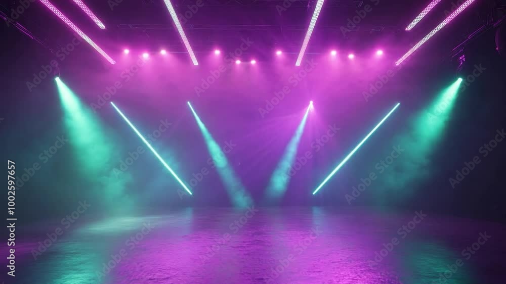 Poster vibrant light display in an empty event venue highlighting colorful beams during a concert setup at 