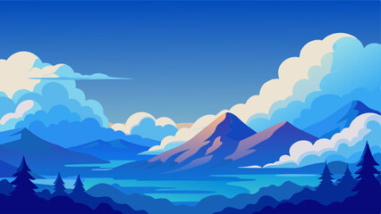 A beautiful sunset sky with fluffy orange and pink clouds and a mountains with sea in the background. The sky is filled with clouds, and the mountain is in the distance. The scene is peaceful and sere