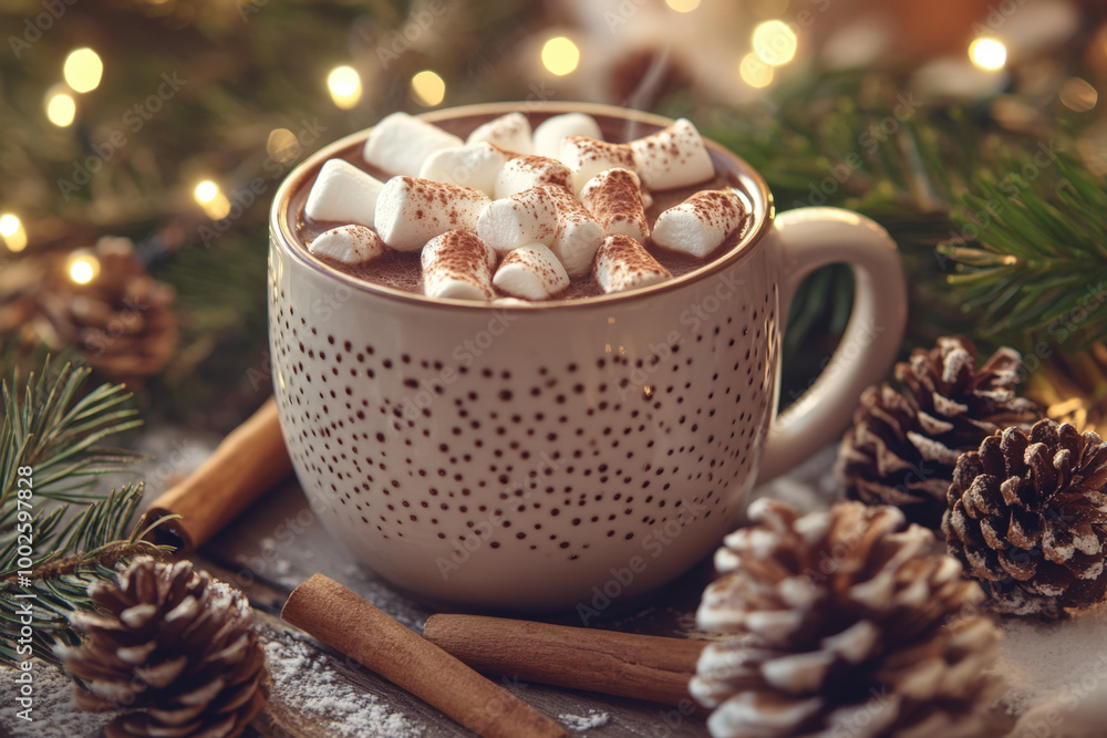 Poster steaming mug of hot chocolate with marshmallows and cinnamon sticks sits on a table with christmas l