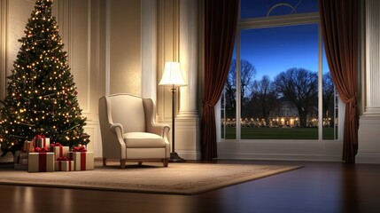 A beautifully adorned Christmas tree fills the living room with festive cheer, while gift boxes sit on an armchair beside a large window showcasing the enchanting night outside