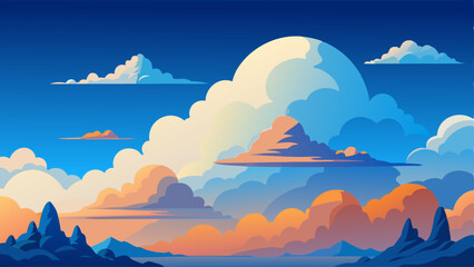 A beautiful sunset sky with fluffy orange and pink clouds and a mountains with sea in the background. The sky is filled with clouds, and the mountain is in the distance. The scene is peaceful and sere