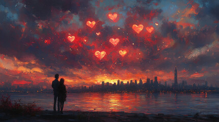 Fototapeta premium A couple stands together admiring a vibrant sunset, with heart-shaped clouds above a city silhouetted against the colorful sky