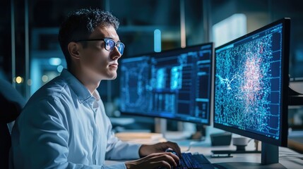A blind or visually impaired engineer working on a computer, designing innovative solutions with assistive tech at their fingertips.