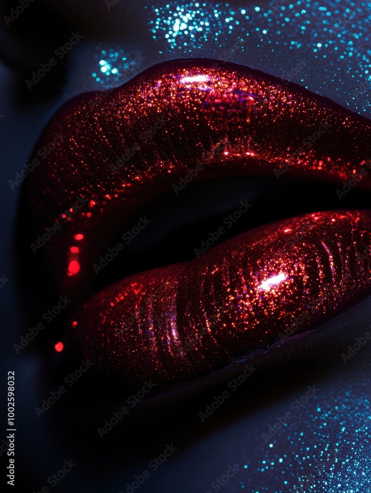 Poster close-up of vibrant glossy lips with a shiny finish against a dark background, highlighting bold col