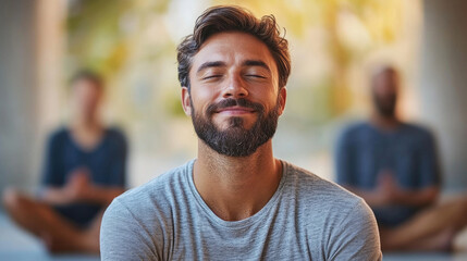 A man smiles while meditating outdoors, surrounded by others, enjoying a peaceful and sunny atmosphere