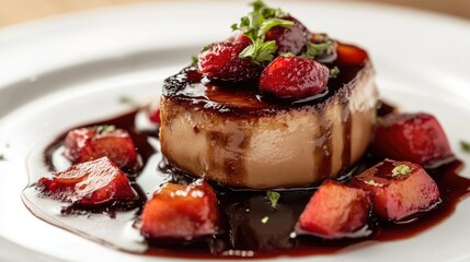 A high-res image of a lavish foie gras dish, showcasing its smooth texture and rich flavor, served with fruit compote for contrast.