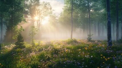 Obraz premium A forest blanketed in morning fog, with soft sunlight peeking through the branches