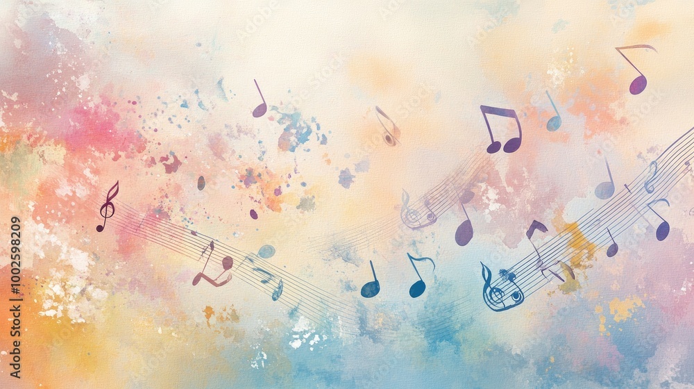 Poster a high-res virtual image of floating musical notes blending with abstract watercolor splashes on a p