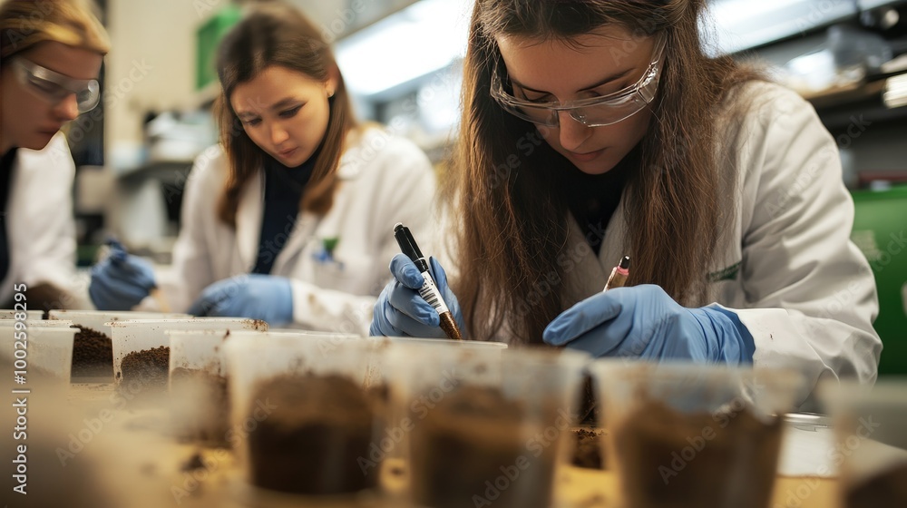 Poster a team of researchers examining soil samples in a lab as part of a project to improve food productio