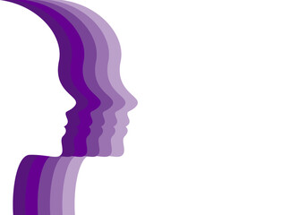 Fondo con la silueta de la cara de una mujer de perfil en diferentes tonos morados. Plantilla día de la mujer