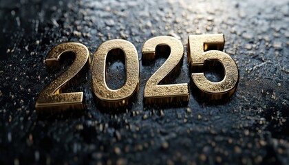 Golden 2025 Numerals on Rough Black Surface