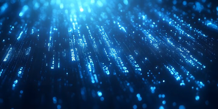 Digital matrix background with vertical streams of binary code and glowing numbers Abstract technology concept with futuristic computer network visualization and illuminated data strings