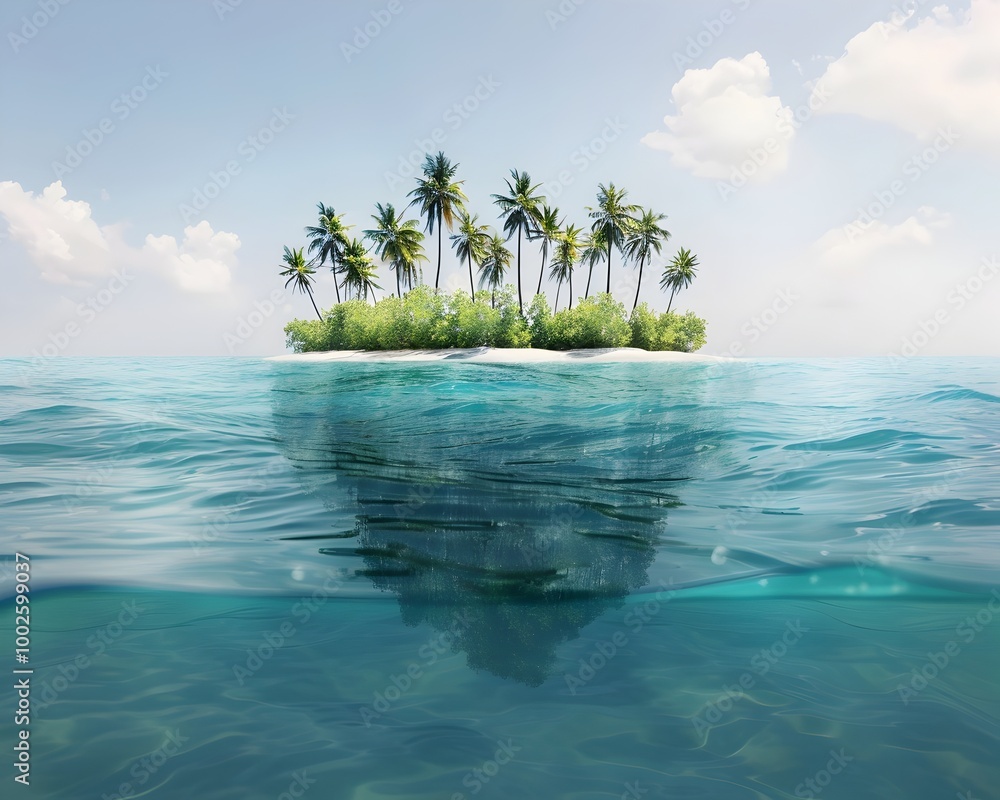 Wall mural submerged tropical island with visible palm trees global warming concept