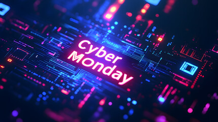 Cyber Monday concept banner, Neon letter Style and blue technology background, Sale and promotion illustration for advertising
