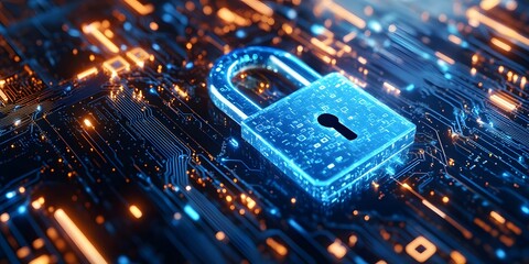 Digital security concept with a glowing blue padlock on a circuit board background Neon light trails illustrate futuristic data protection in a high-tech encrypted digital fortress