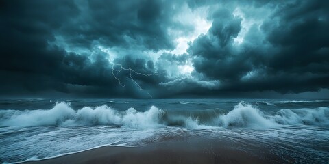 Fototapeta premium Dramatic seascape with ominous storm clouds and turbulent ocean waves accented by lightning strikes and heavy rain The moody atmosphere showcases nature's power and coastal turbulence