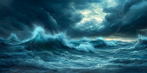 Dramatic seascape with ominous storm clouds and turbulent ocean waves accented by lightning strikes and heavy rain The moody atmosphere showcases nature's power and coastal turbulence