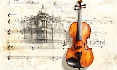Naklejka premium Artistic Violin with Musical Notes and Abstract Background
