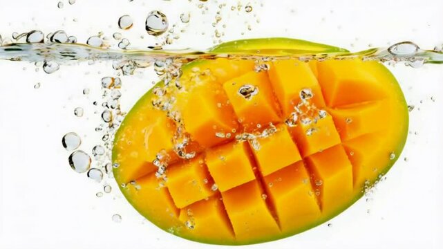 Mango cube slices in water with bubbles. 