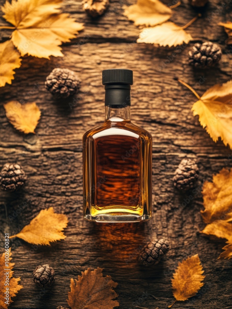 Poster a close-up view of an amber whiskey bottle surrounded by autumn leaves and pine cones on a rustic wo