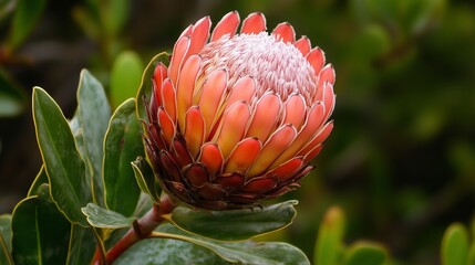 Fototapeta premium A vibrant protea flower blooming in a lush garden on a sunny day amidst green foliage