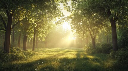 Obraz premium A serene forest scene at daybreak, with a soft mist hanging in the air and light gently diffusing through the foliage