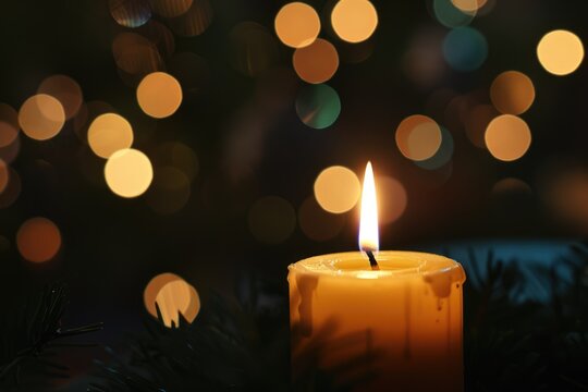 burning christmas candle in dark decorated fir tree room