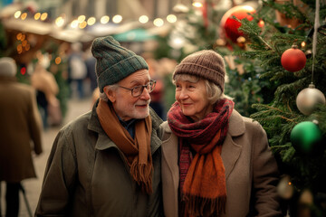 Obraz premium Senior couple is enjoying their time together while choosing christmas decorations at an outdoor christmas market