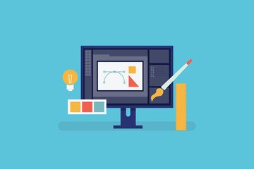 Graphic Design Software, Graphic designing, Web designing, Color palette, Creative idea, Brainstorming. Vector illustration background.