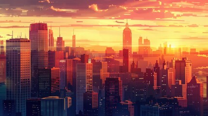 Fototapeta premium Cityscape at Sunset with Tall Buildings and Orange Sky