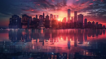 Cityscape with Skyscrapers Reflected in Water at Sunset