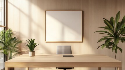 Mock up frame in a calm, empty office with just a simple wooden desk and soft sand-colored walls, 3D render 