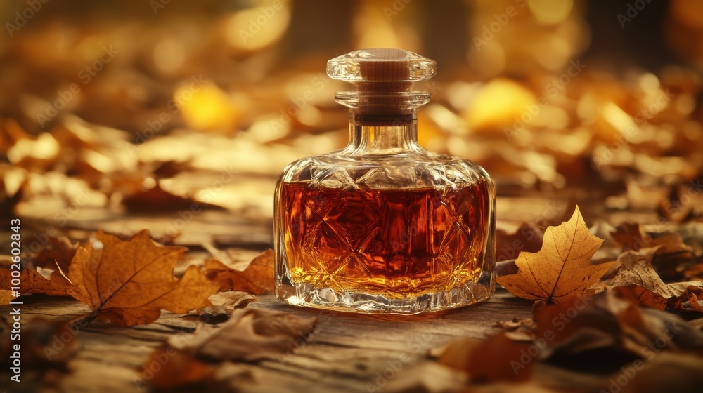 Poster a close-up view of a whiskey bottle resting on a wooden surface surrounded by autumn leaves in warm,