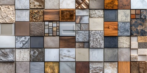 Mosaic of diverse building materials with architectural texture samples Various stone tiles marble patterns wood grain and concrete finishes create a material swatch collage for interior design