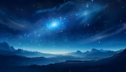 Sparkling blue galaxy star night on mountains illustration. Cosmos nebula space universe landscape