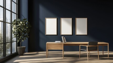 Mock up frame in a minimalist, empty office with light wooden furniture and deep navy walls, 3D render