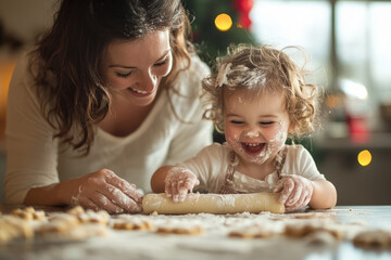 Mother and her daughter are covered in flour and smiling while baking christmas cookies together
