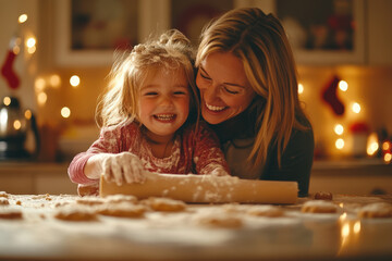 Mother and daughter are covered in flour and laughing while baking christmas cookies together - Powered by Adobe