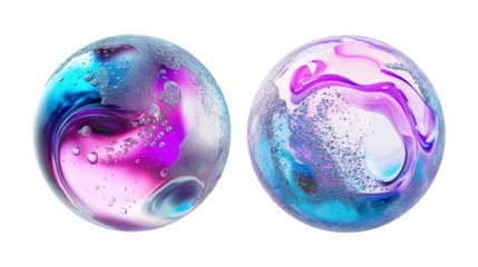 Two abstract spheres with swirling colors and bubbles transparent image. Dynamic set of iridescent blobs isolated cutouts 3d render. Glass liquid cut out cliparts design elements png