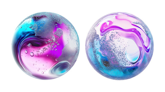 Two abstract spheres with swirling colors and bubbles transparent image. Dynamic set of iridescent blobs isolated cutouts 3d render. Glass liquid cut out cliparts design elements png