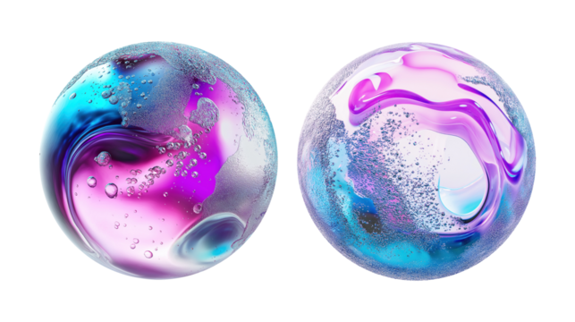 Two abstract spheres with swirling colors and bubbles transparent image. Dynamic set of iridescent blobs isolated cutouts 3d render. Glass liquid cut out cliparts design elements png - Powered by Adobe