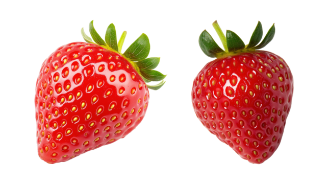 Closeup of two fresh glossy strawberries image isolated transparent. Organic red berries detailed seeds cut out photo png. Healthy superfood fruits cutouts elements objects photography