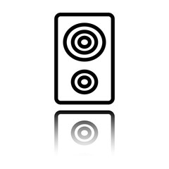 Speaker musical simple icon. Flat design. Black icon with mirror reflection. White background