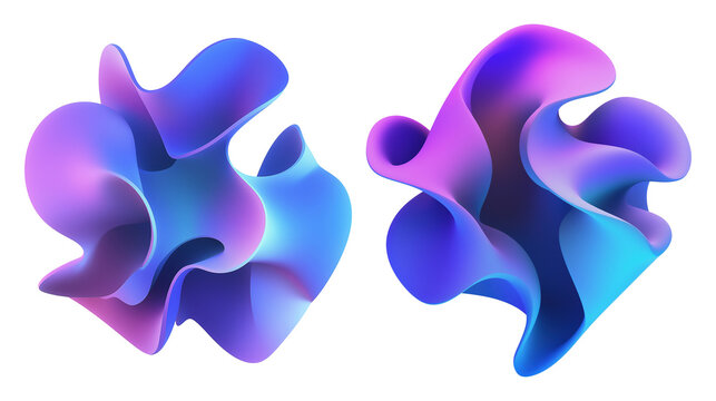 Two abstract fluid shapes in gradient hues transparent image. Blue purple soft curves isolated cutouts 3d render. Dynamic flowing organic design cut out cliparts elements png
