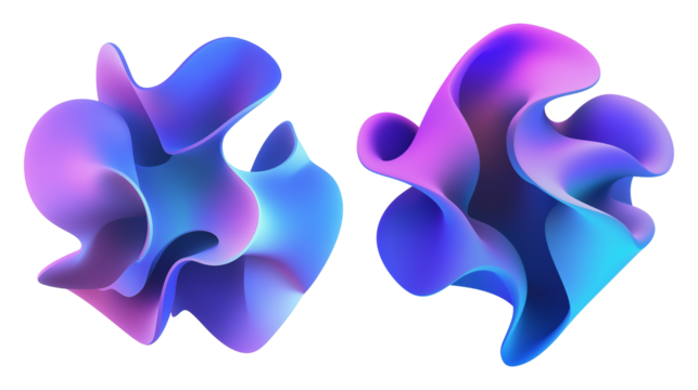 Two abstract fluid shapes in gradient hues transparent image. Blue purple soft curves isolated cutouts 3d render. Dynamic flowing organic design cut out cliparts elements png
