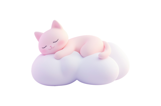 Soft pink kitten resting serenely on fluffy white cloud transparent image. Gentle pastel cat peaceful nap isolated cutout 3d render. Comfort kitty cut out clipart design element png