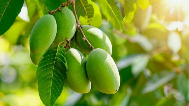 Green mangoes hang from a mango  tree branch on a orchard background.