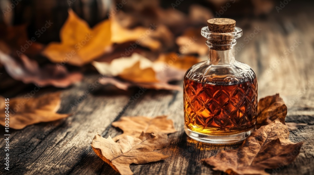 Poster A close-up view of a whiskey bottle surrounded by autumn leaves on a rustic wooden surface, capturing the essence of fall. Generative AI