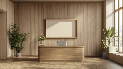 Mock up frame in a spacious corporate office with only a wooden desk and soft beige walls, no decorations, 3D render 